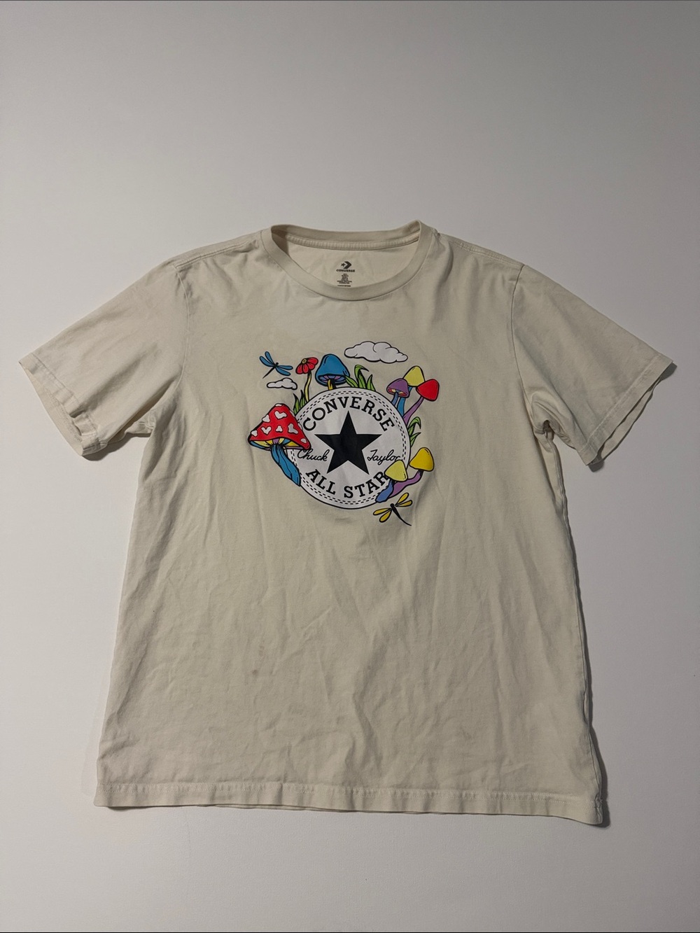 Converse Men Cream Graphic All Star Tee with Colorful Mushroom Print - L